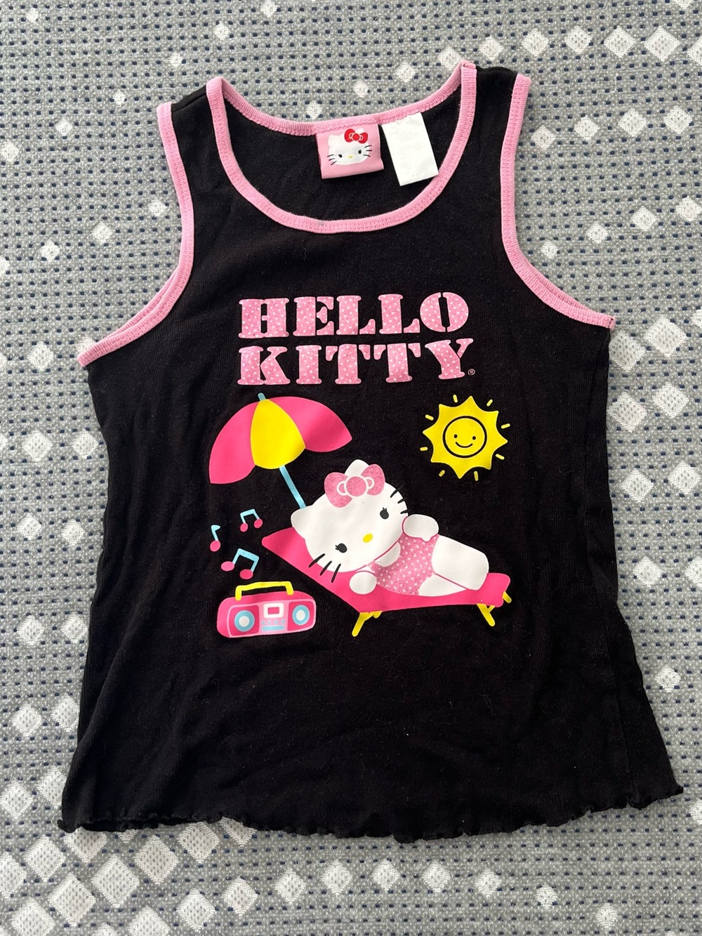 Hello Kitty Black Tank Top with Pink Trim and Beach Graphic Y2K